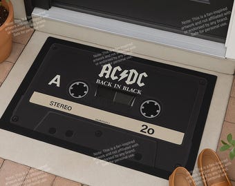 Cool Retro Rock Band Polyester Doormat, AC/DC Black Cassette Welcome Mat, Music Lover Gift, Home Decor, Vintage Style Doormat, Entryway Rug