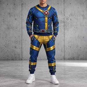 May include: A long-sleeve sweatshirt and matching sweatpants set featuring a blue and gold graphic print inspired by superhero armor. The design includes a circular red and silver X-Men emblem on the chest and a utility belt pattern at the waist.