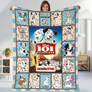 May include: A blue and white checkered fleece blanket with a collage of images from the Disney movie 101 Dalmatians. The blanket features various scenes from the movie, including the Dalmatian puppies, Cruella De Vil, and the iconic quote "I'm hungry, mother. I'm hungry."