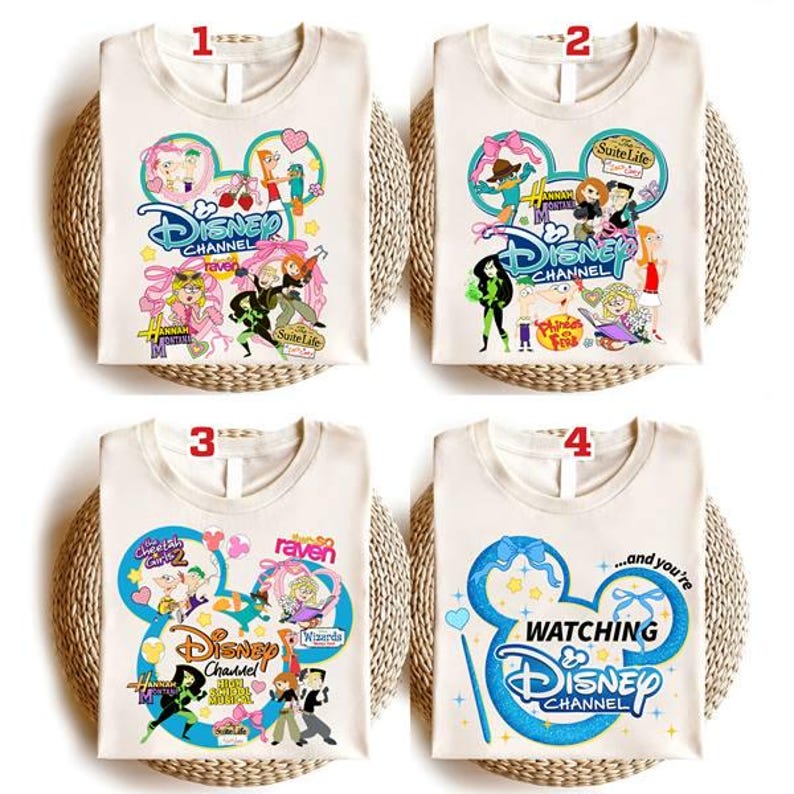 four t-shirts with Disney Channel logos and various Disney-themed graphics and characters.