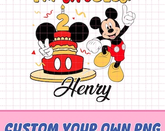 May include: A colorful graphic featuring Mickey Mouse celebrating a second birthday. The design includes a red and yellow cake with a candle, the text "I'm twoodles!" and "Henry", and Mickey Mouse in his classic outfit. The image is on a grid background.