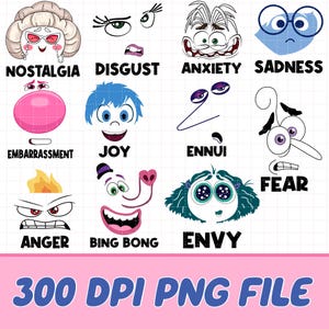 May include: A digital graphic with cartoon illustrations of emotions: Nostalgia, Disgust, Anxiety, Sadness, Embarrassment, Joy, Ennui, Fear, Anger, Bing Bong, and Envy. The text "300 DPI PNG FILE" is at the bottom.