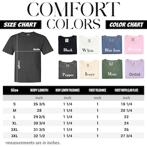 The image is a size chart and color chart for a collection of t-shirts, providing measurements and color options for different body lengths and styles.