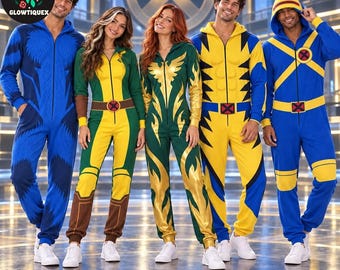 May include: Five individuals wearing full-body hooded jumpsuits inspired by superhero costumes. The jumpsuits feature various color schemes including blue with black patterns, green and yellow with brown accents, green with gold flame designs, and yellow with blue details.