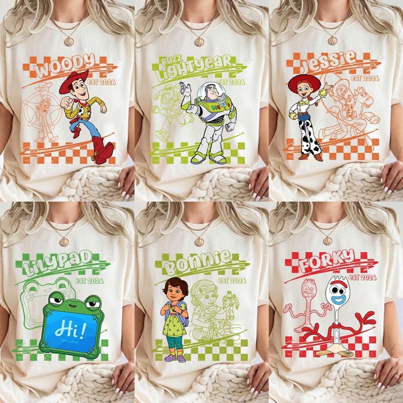Camiseta retro a cuadros de Disneyland Pixar Toy Story con todos los personajes: Woody, Buzz, Jessie y Bo Peep. Camiseta personalizada a juego. imagen 1
