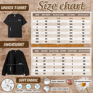 The image is a size chart for a black t-shirt and a black sweatshirt, providing measurements for different sizes.