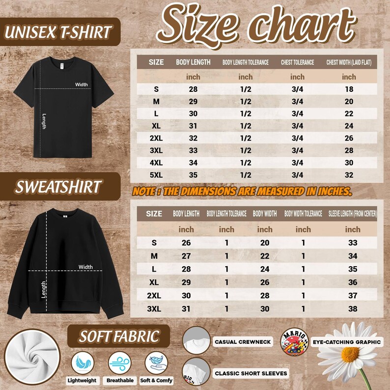 The image is a size chart for a black t-shirt and a black sweatshirt, providing measurements for different sizes.