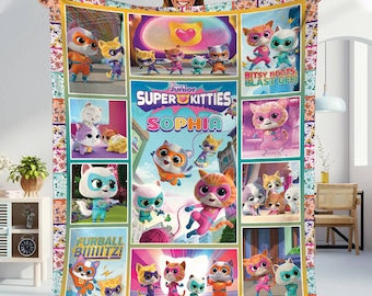 SuperKitties Blanket | Super Kitties Fleece Blanket | Super Cat Blanket | Ginny Sparks Buddy and Bitsy Blanket | Family Trip