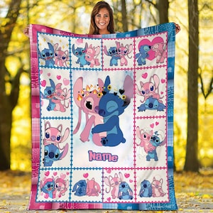 May include: A pink and blue fleece blanket with a repeating pattern of Stitch and Angel from the Disney movie Lilo & Stitch. The blanket features a personalised name in the centre.