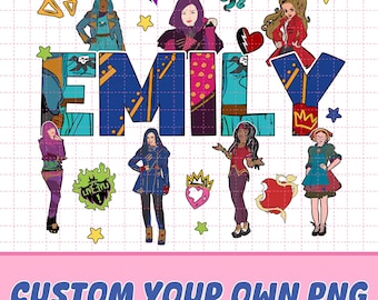 Cumpleaños de Descendientes personalizado para niña, PNG a juego, nombre personalizado, grupo de la película Descendientes, PNG, regalo de cumpleaños de personaje de Descendientes