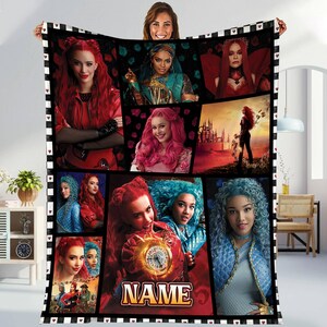 May include: A colorful blanket featuring characters from the movie Descendants. The blanket is made of soft fleece and is perfect for snuggling up on the couch. The blanket features a variety of characters, including Mal, Evie, Carlos, Jay, and Uma. The blanket is also personalized with the name "NAME".