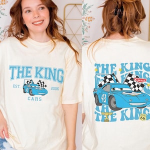 Two-sided Cars Pixar Characters Shirt | Cars Strip The King Weathers Shirt | Piston Cup Racing Shirt | Disneyworld Radiator Spring Shirt