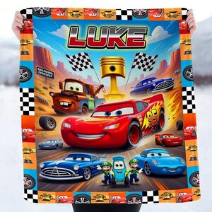 Personalized Cars Blanket, Custom Name Lightning Mcqueen Sally Tow Mater Cars Blanket, Custom Name Cars Characters Birthday Blanket Gifts image 2