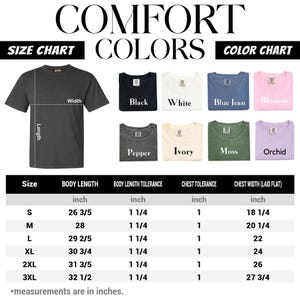 The image is a size chart and color chart for a collection of t-shirts, providing measurements and color options for different body lengths and styles.