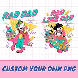 Peut inclure: Deux images de dessins animés avec les phrases "RAD DAD" et "RAD LIKE DAD" en turquoise et rose. Les images présentent des personnages de dessins animés avec des boomboxes, des lunettes de soleil et des cassettes, sur un fond géométrique. Le texte en bas indique "CUSTOM YOUR OWN PNG".