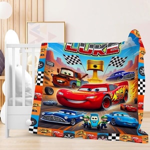 Personalized Cars Blanket, Custom Name Lightning Mcqueen Sally Tow Mater Cars Blanket, Custom Name Cars Characters Birthday Blanket Gifts image 1