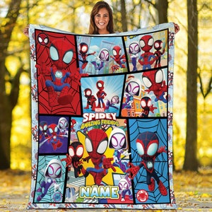 May include: A colorful blanket featuring Marvel's Spidey and his Amazing Friends. The blanket is made up of a grid of nine squares, each featuring a different character from the show. The characters are all in their signature poses and costumes. The blanket is perfect for any fan of the show.