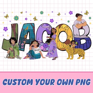 Puede incluir: Un diseño gráfico colorido con el nombre "JACOB" adornado con personajes y detalles florales. Las letras están decoradas con diversos patrones e imágenes, con una pancarta rosa en la parte inferior que dice "CUSTOM YOUR OWN PNG".