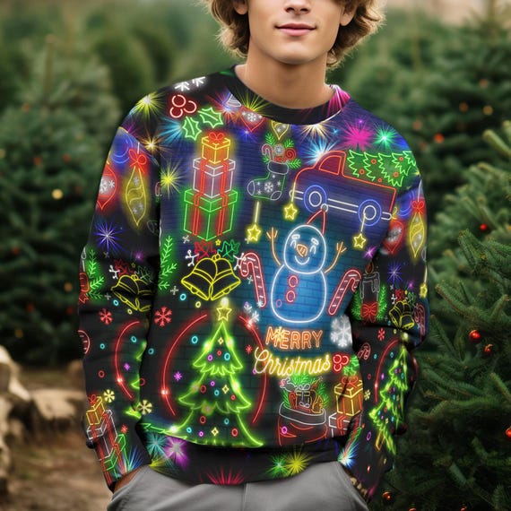 Christmas Bright Neon Lighting Ugly Christmas Sweater Santa Claus Christmas Sweater Reindeer Neon Light Xmas Sweatshirt Etsy