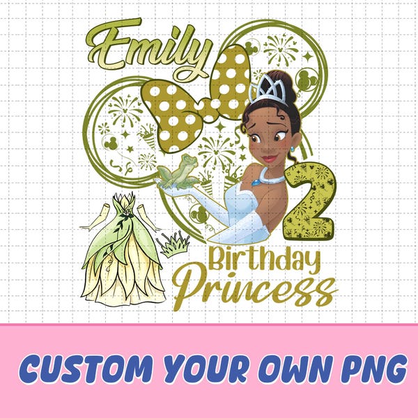 May include: A digital design featuring a cartoon image of Tiana from Disney's The Princess and the Frog. She is wearing a blue dress and a crown. The design also includes a green frog, a gold bow, and the text "Emily 2 Birthday Princess".