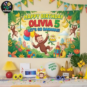 May include: A rectangular birthday backdrop banner featuring a cartoon monkey, a man in a yellow hat, and jungle foliage. The text reads HAPPY BIRTHDAY OLIVIA 5 LET'S GO BANANAS. The design includes colorful balloons, gift boxes, and a birthday cake.