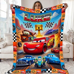 Personalized Cars Blanket, Custom Name Lightning Mcqueen Sally Tow Mater Cars Blanket, Custom Name Cars Characters Birthday Blanket Gifts image 1