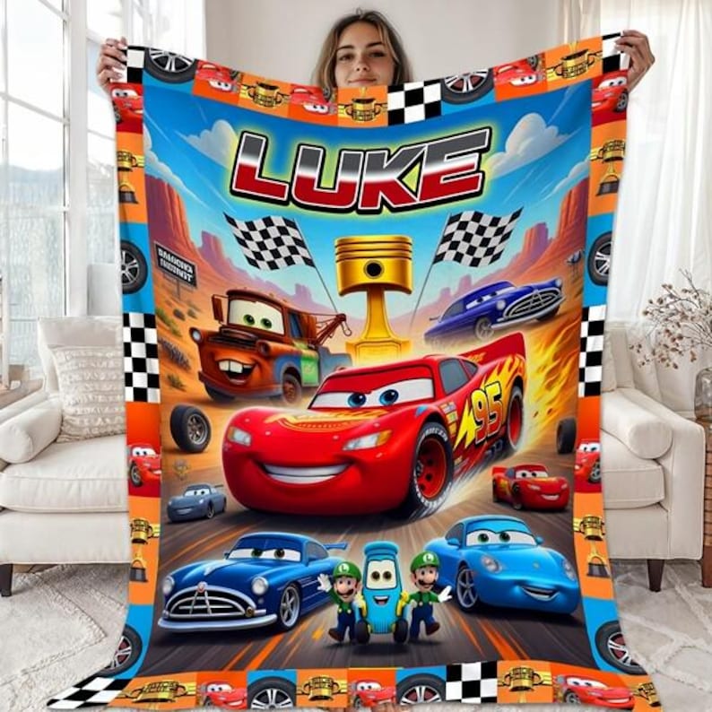 Personalized Cars Blanket, Custom Name Lightning Mcqueen Sally Tow Mater Cars Blanket, Custom Name Cars Characters Birthday Blanket Gifts image 1