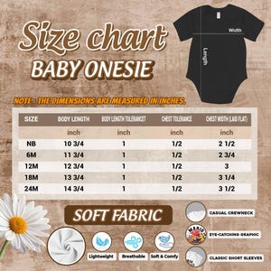 The image is a size chart for a baby onesie, providing measurements for different age groups.