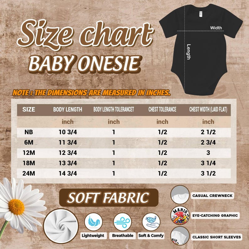 The image is a size chart for a baby onesie, providing measurements for different age groups.