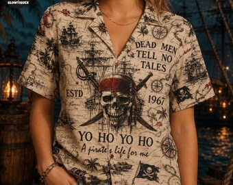 Camisa hawaiana de Piratas del Caribe, camisa de tripulación de crucero pirata, camisa hawaiana de grupo pirata, camisa Yo Ho Ho Aloha, vacaciones en el Caribe