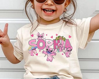 Camiseta personalizada con nombre de Ángel y Stitch, camiseta personalizada de Lilo y Stitch para niña y niño, camiseta familiar con nombre de Disneyland, camiseta a juego de cumpleaños de Disneyland