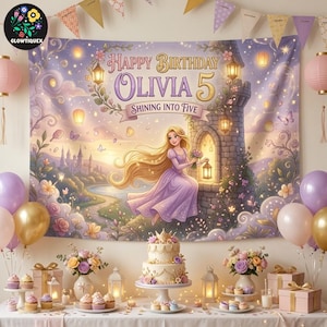 May include: A birthday party backdrop featuring a blonde character in a purple dress near a stone tower, with the text Happy Birthday Olivia 5 Shining Into Five. The scene includes lanterns, flowers, and a tiered cake on a table with gifts.