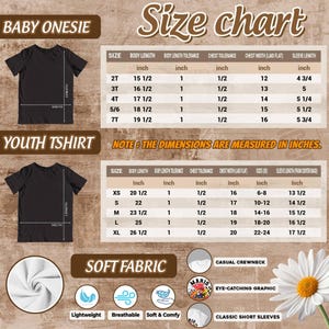 The image is a size chart for baby onesies, youth t-shirts, and soft fabric clothing. It provides measurements for different age groups and sizes, along with corresponding clothing items such as t-shirts and soft fabric.