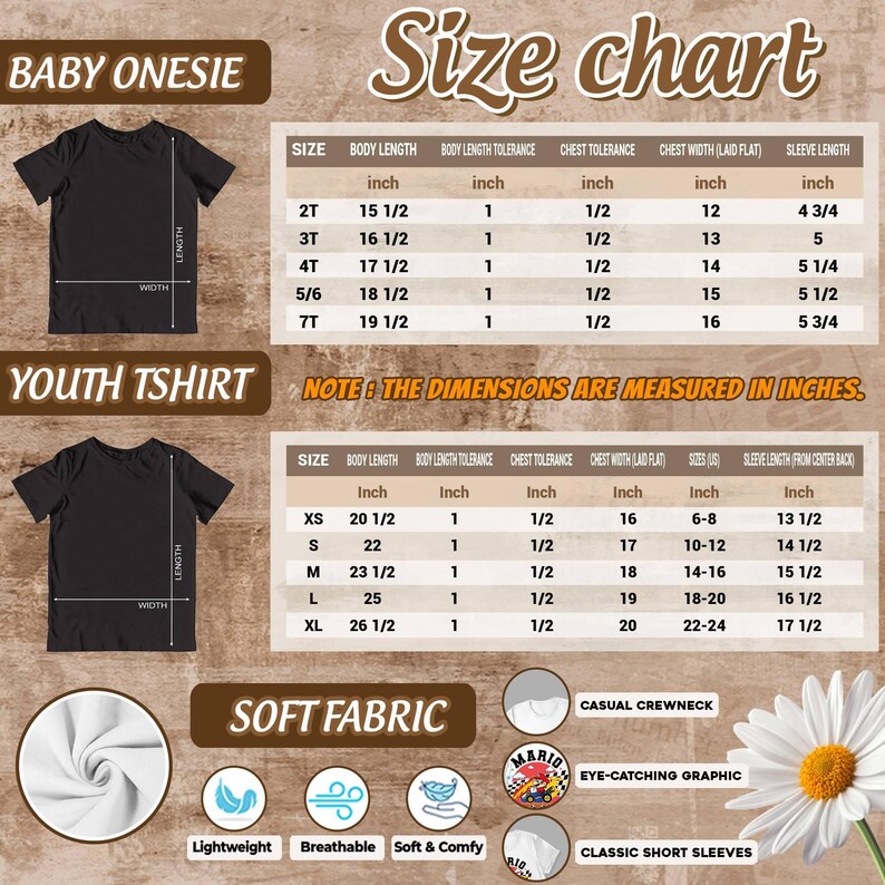 The image is a size chart for baby onesies, youth t-shirts, and soft fabric clothing. It provides measurements for different age groups and sizes, along with corresponding clothing items such as t-shirts and soft fabric.