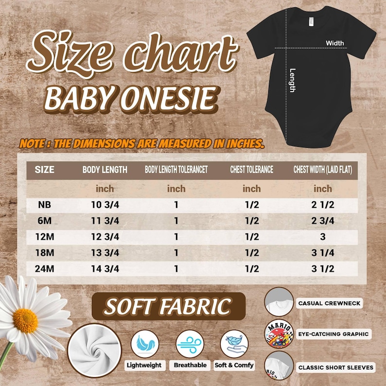 The image is a size chart for a baby onesie, providing measurements for different age groups.