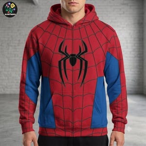 Spidey Zip Up Hoodie, Superhero Cosplay Sweatshirt, Spidey Costume Top, Superhero Halloween Cosplay Top, Comic Book Fan Apparel Gift image 1