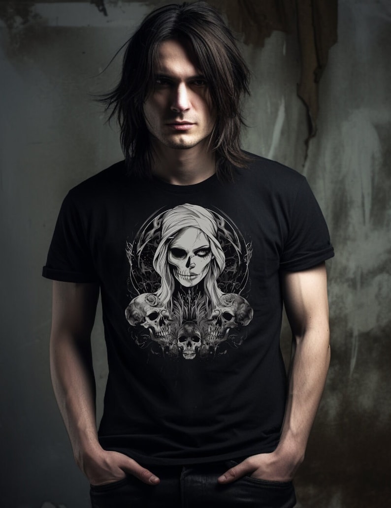 May include: A black t-shirt with a graphic print of a woman with a skull face and flowers. The woman is surrounded by three skulls.