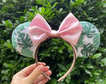 Monstera leaf print fabric mouse ears with pink satin bow