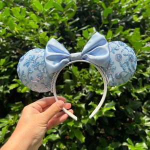 Light blue Cinderella-inspired mouse ears with lace, sequins, satin bow and NEW silver trim