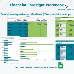 May include: A green and white spreadsheet with the title "Financial Foresight Workbook" and the text "Financial planning made easy | Visual tools | Take control of your budget". The spreadsheet includes sections for budget planning, income tracking, and spending tracking. The spreadsheet is designed to help users manage their finances.