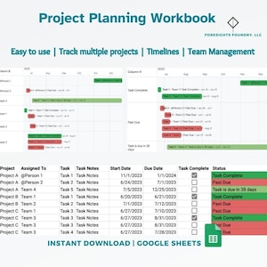 May include: A green and white project planning workbook with a calendar and a table listing project details, including project name, assigned to, task, task notes, start date, due date, task complete, and status. The workbook is titled "Project Planning Workbook" and includes the text "Easy to use | Track multiple projects | Timelines | Team Management".
