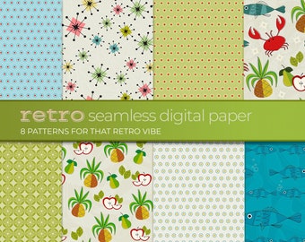 Retro Digital Paper, Mid Century Modern Scrapbooking, Kitsch Starburst, Fruit Seafood, Food Pattern, 1950s Atomic Design, Atomic Stars
