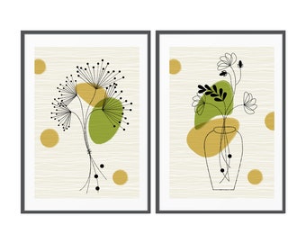 Floral Modern Duo Artwork, Mid Century Botanical, Minimalist Flower Wall Art, Boho Wall Art, Flower Digital Art, Abstract Digital Download