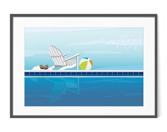 Adirondack Chair, Retro Poolside Decor, Swimming Pool Art, Swimmer Gift, Swimmers Wall Art, Sunbathing, Blue Swimming Pool, Minimalist Pool