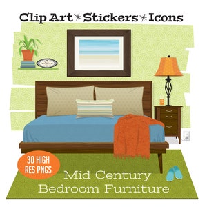 Può includere: Set di clip art di mobili da camera da letto di metà secolo con 30 immagini PNG ad alta risoluzione. Il set include un letto con una coperta blu e una coperta arancione, un comodino con una lampada, un orologio, una pianta e una cornice. La camera da letto ha una carta da parati verde a motivi.