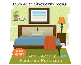 Mid Century FurnitureClip Art, Retro 1950s and 1960s Bedroom Furniture Scene, Retro Clip Art, Digital Instant Download, PNG, Vector PDF