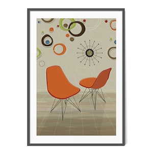 May include: Two orange mid-century modern chairs with black wire legs in front of a wall with a brown and white abstract design and a starburst clock.