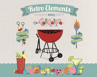 Retro BBQ Barbecue Party Digital Clipart with Tiki Torch, Party Lanterns, Cocktails, Food, Grill and more. Digital download food clipart