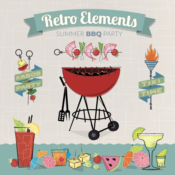 Retro BBQ Barbecue Party Digital Clipart with Tiki Torch, Party Lanterns, Cocktails, Food, Grill and more. Digital download food clipart