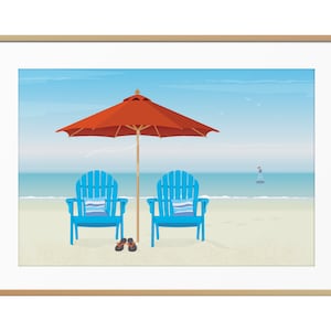 Adirondack Beach Chair, Ocean Scene, Sandy Beach Horizon, Coastal Wall Art, Seaside Art, Beachy Decor, Market Umbrella, Nautical Wall Art